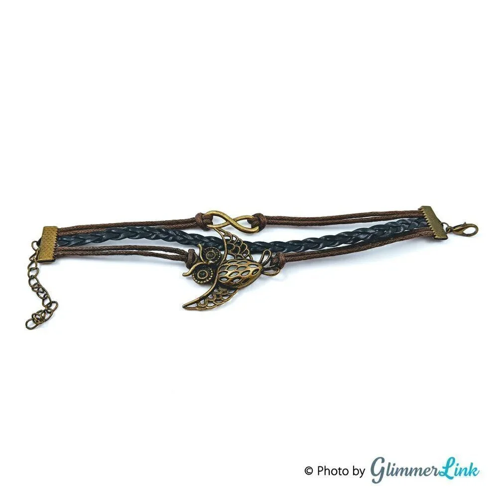 Multi Strand Faux Leather Owl Charm Infinity Bracelet